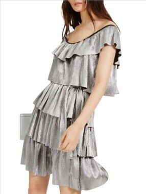 Michael Michael Kors Metallic Silver Tiered Off-the-Shoulder Mini Dress XS